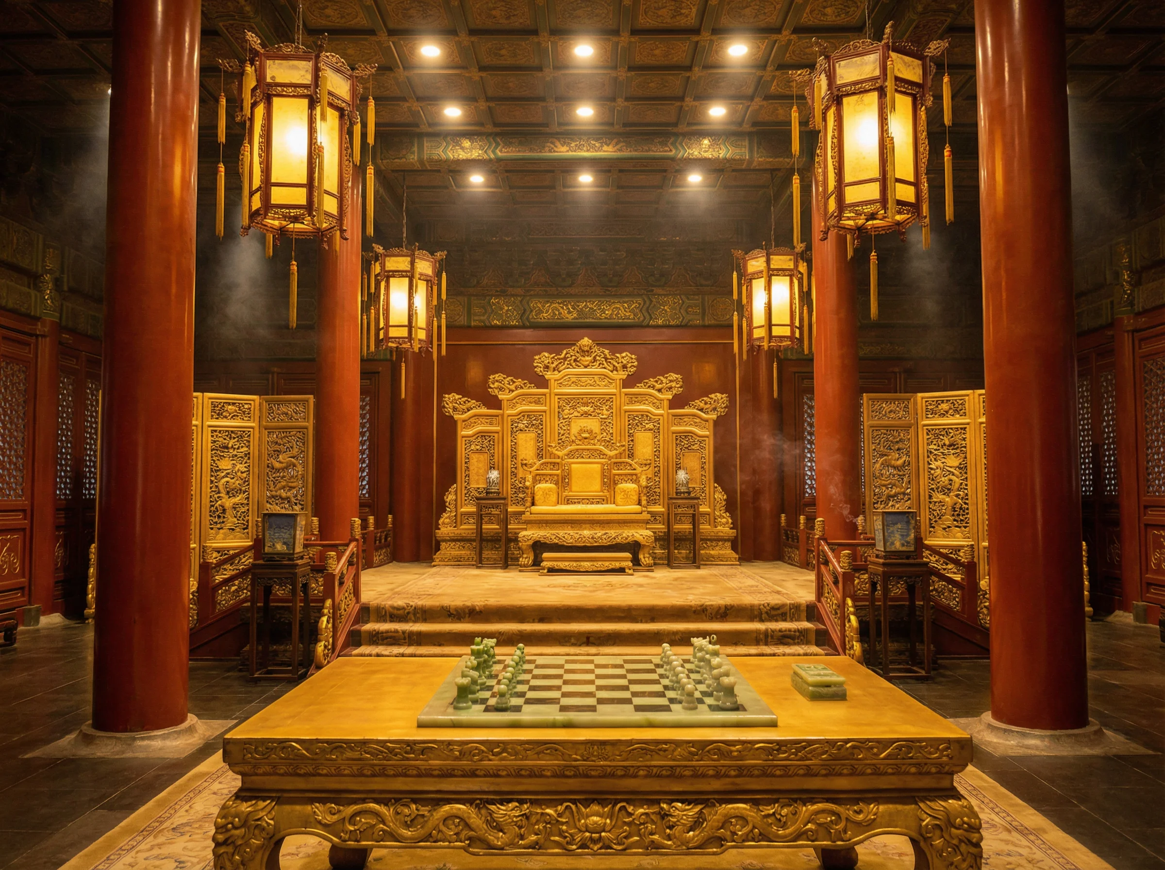 紫禁城金銮殿内景与棋盘 - 84棋牌 帝王弈道